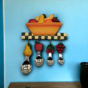 Ceramic Fruit Plaque w/ Metal Measuring Spoons Pear Apple Cherry Grape Set